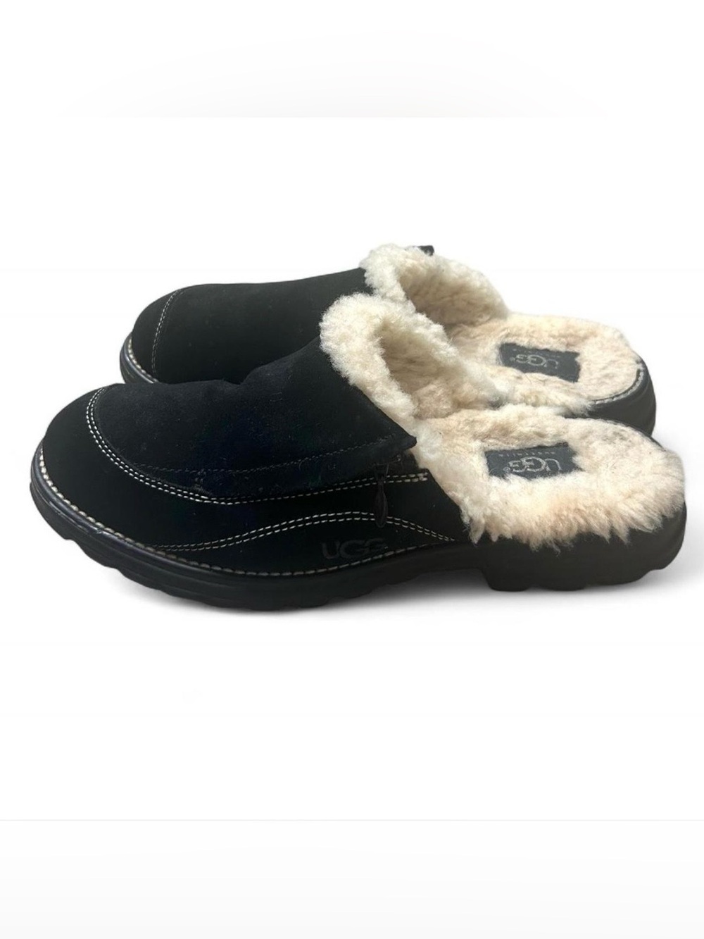 Ugg Shearling Mule Clog Women 9 Black Suede Shearling Slip On Comfort Cozy Warm